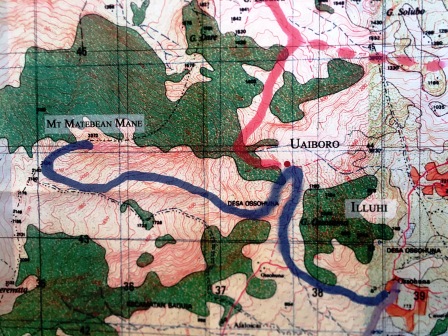 Indonesian topographical map of Matebean - blue marks the trail